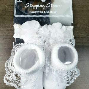 Stepping Stones, White Headwrap & Sock Set, Infants 0-12 Months